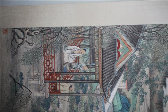 A Chinese painting on paper of sages in a pavilion, image 102cm x 41cm